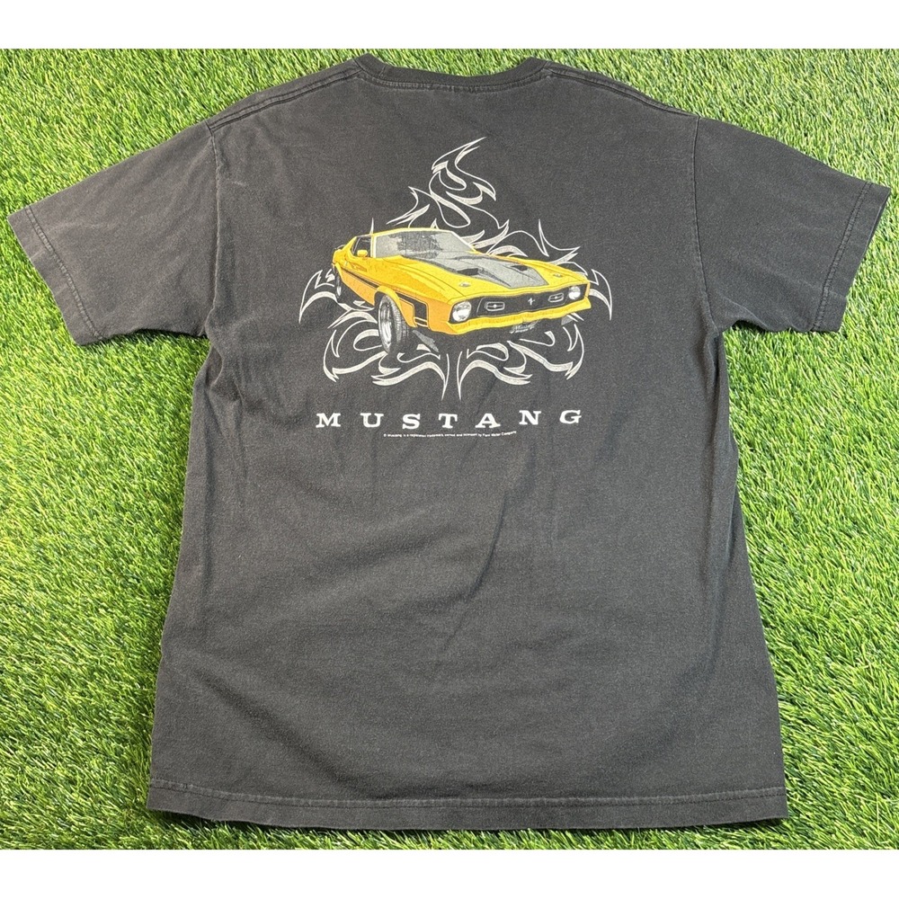 Vintage Mach 1 Ford Mustang Mens Sz L Faded Black Double Sided Graphic Shirt USA